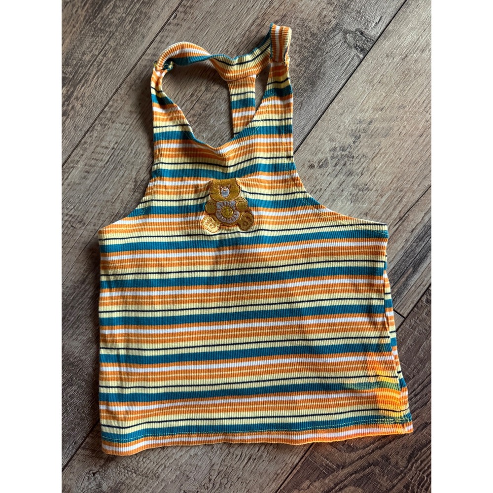 Care Bears Striped Ribbed Halter Top Multi Color Orange Teal Gold Bear MD Women
